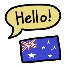 A yellow speech bubble reading 'Hello!' over the Australian flag, which has the Union Jack in the upper left corner, a large white star underneath that, and five white stars arranged in a constellation to the right, all on a blue background.